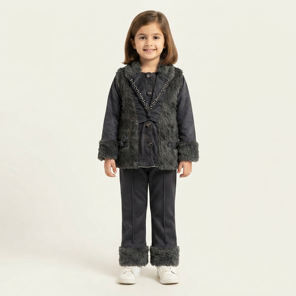 Girls Dark Charcoal Shearling Trimmed 2-Piece Winter Suit