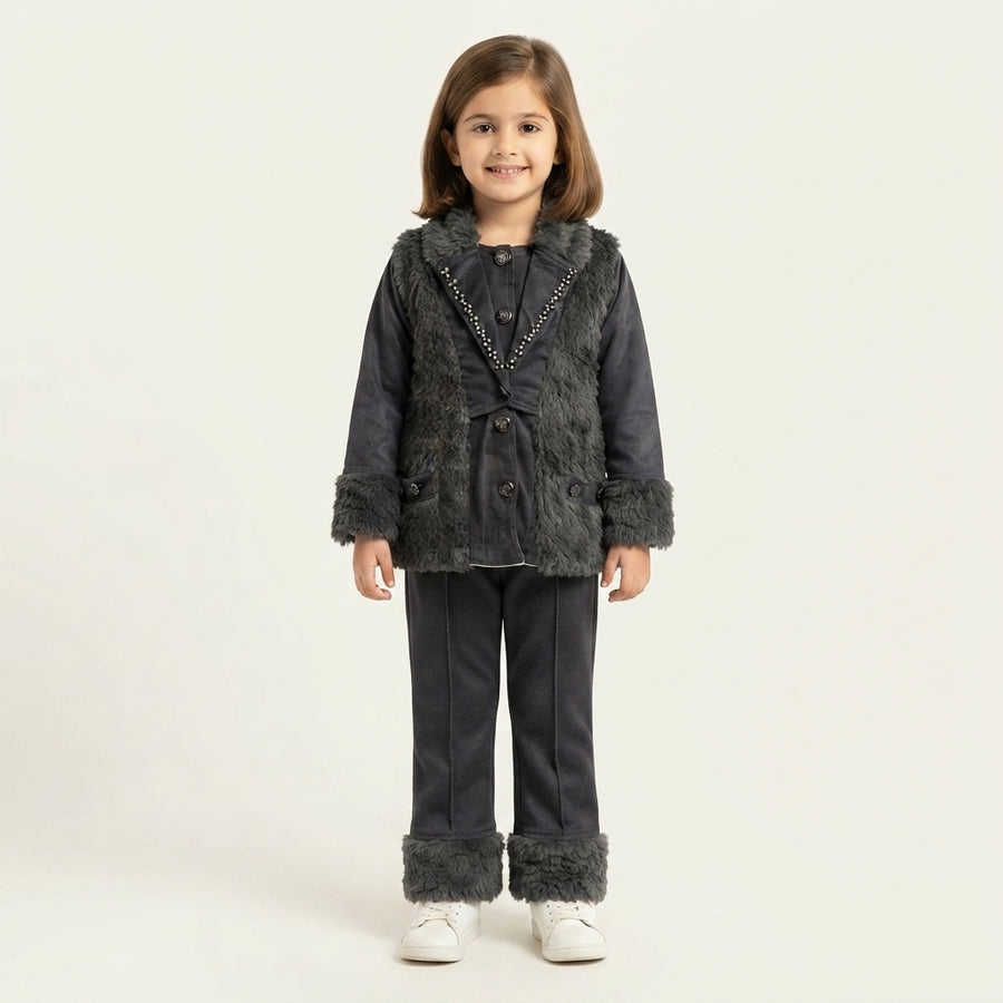 Girls Dark Charcoal Shearling Trimmed 2-Piece Winter Suit