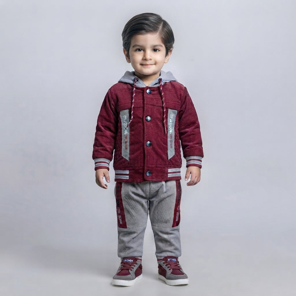 Premium Boys 2-Piece Velvet Winter Suit | Maroon & Grey | 1–2 Years
