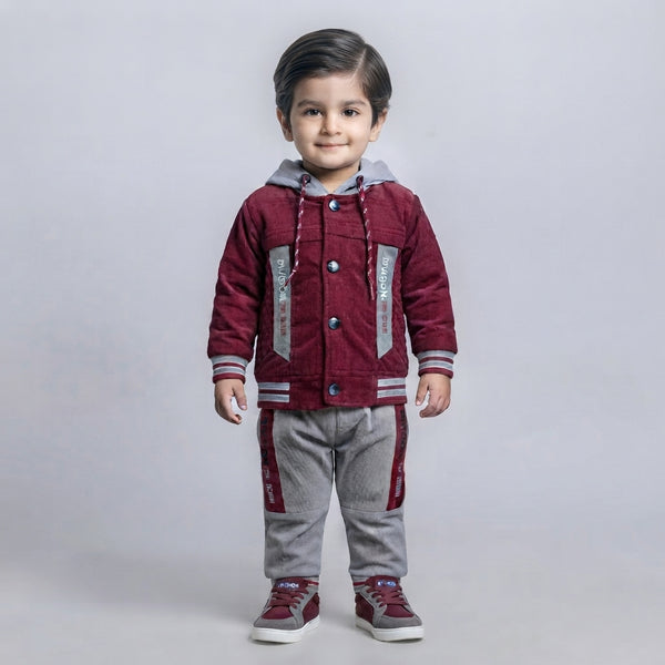 Premium Boys 2-Piece Velvet Winter Suit | Maroon & Grey | 1–2 Years