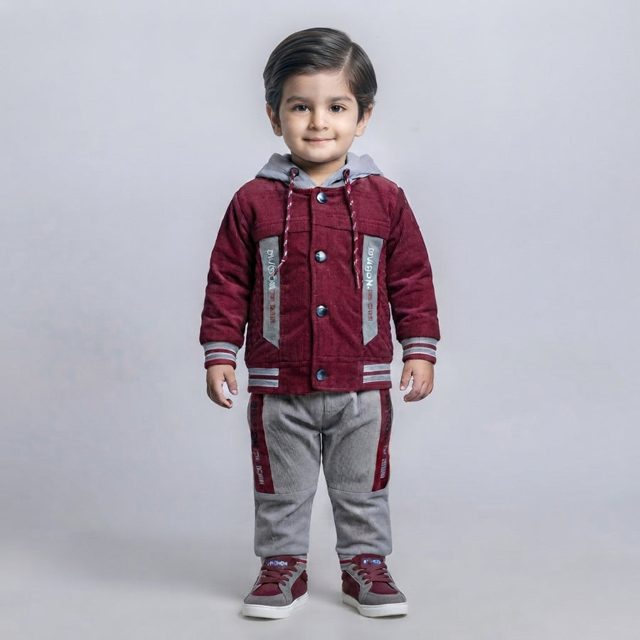 Premium Boys 2-Piece Velvet Winter Suit | Maroon & Grey | 1–2 Years