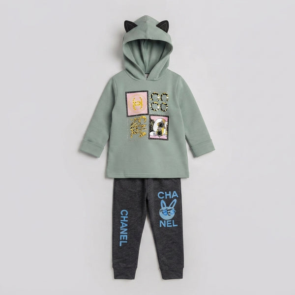 Kids Sage Green Designer Hoodie & Dark Grey Tracksuit Set