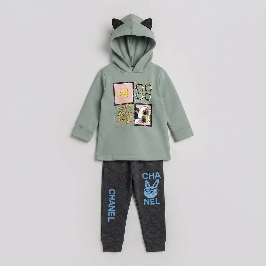 Kids Sage Green Designer Hoodie & Dark Grey Tracksuit Set