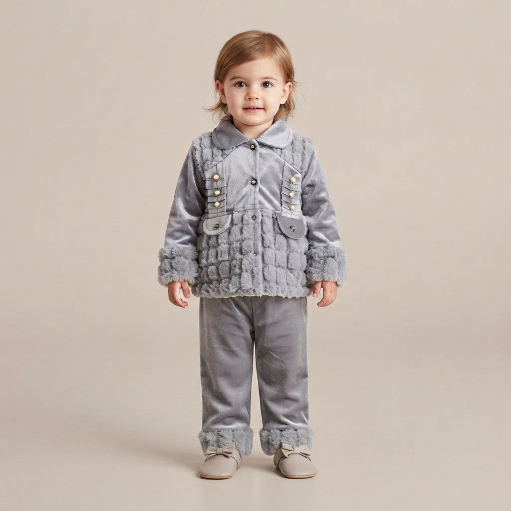 Toddler Girls' Elegant Grey Faux-Fur Trimmed Velvet Jacket & Pants Set