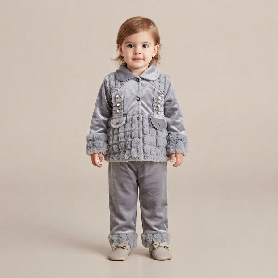Toddler Girls' Elegant Grey Faux-Fur Trimmed Velvet Jacket & Pants Set