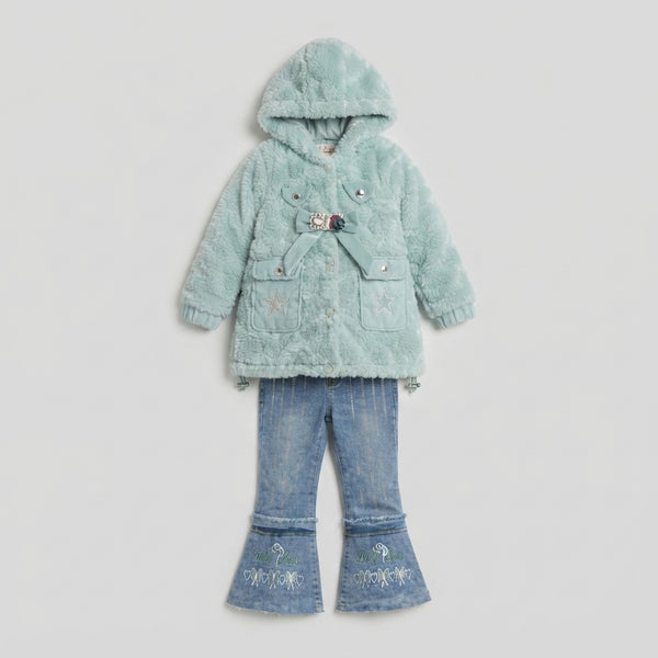 Mint Green Fluffy Fur Coat and Embroidered Flare Jeans Set