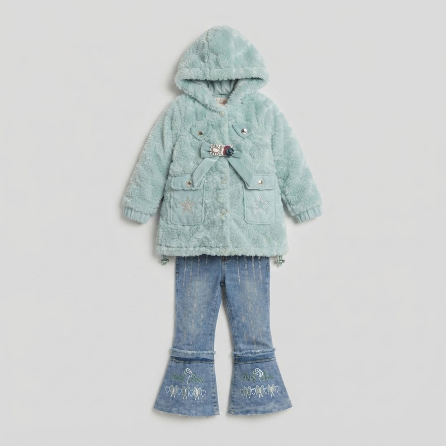 Mint Green Fluffy Fur Coat and Embroidered Flare Jeans Set