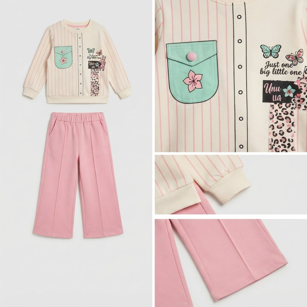 Girls Cream Pinstripe Sweatshirt & Pink Wide-Leg Trouser