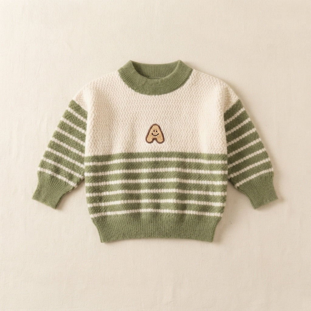 Boys Green & Beige Striped Wool Sweater — Photo 2
