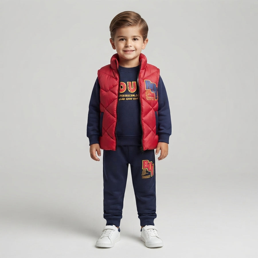 Boys Stylish Puffer Vest, Sweatshirt & Jogger 3-Piece Winter Outfit