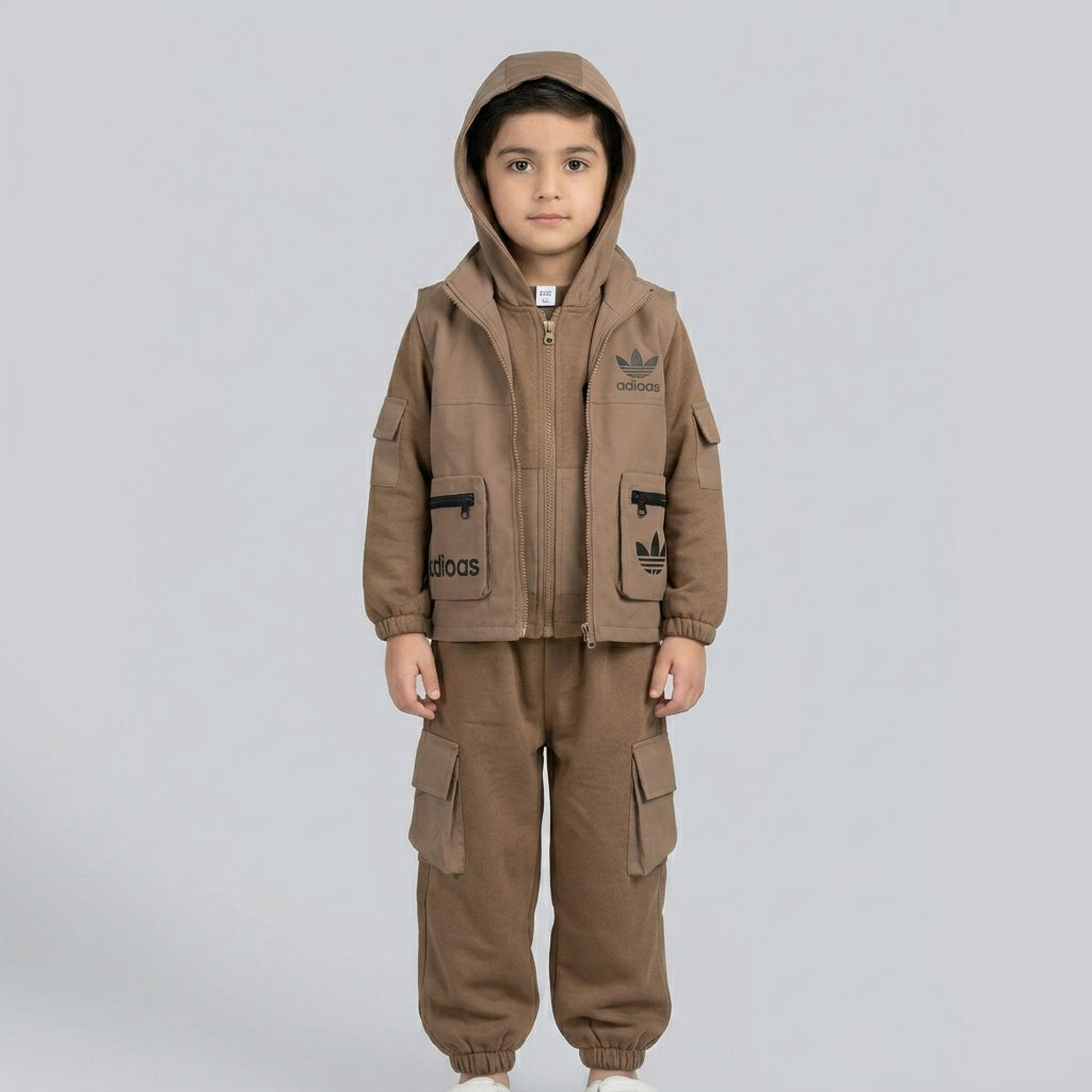 Kids 3-Piece Cargo Suit with Hooded Shirt & Jacket – Premium Winter Wear Main image