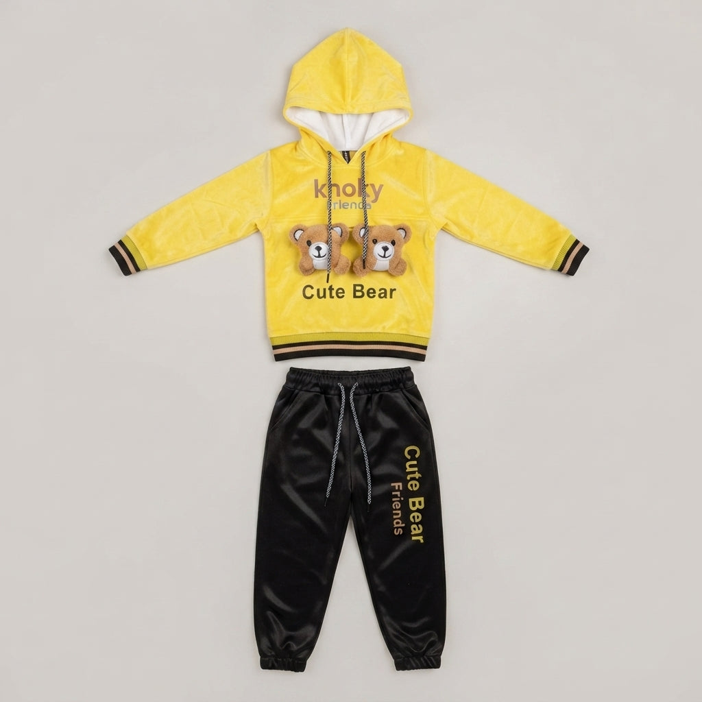 Boys Yellow & Black Cute Bear Winter Tracksuit Set