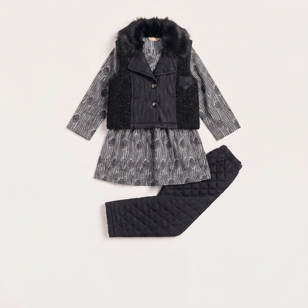 Girls Black Winter Faux Fur Vest & Tunic Set