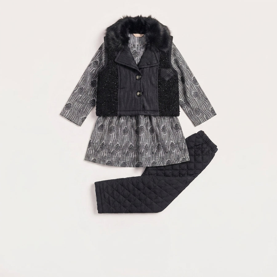 Girls Black Winter Faux Fur Vest & Tunic Set
