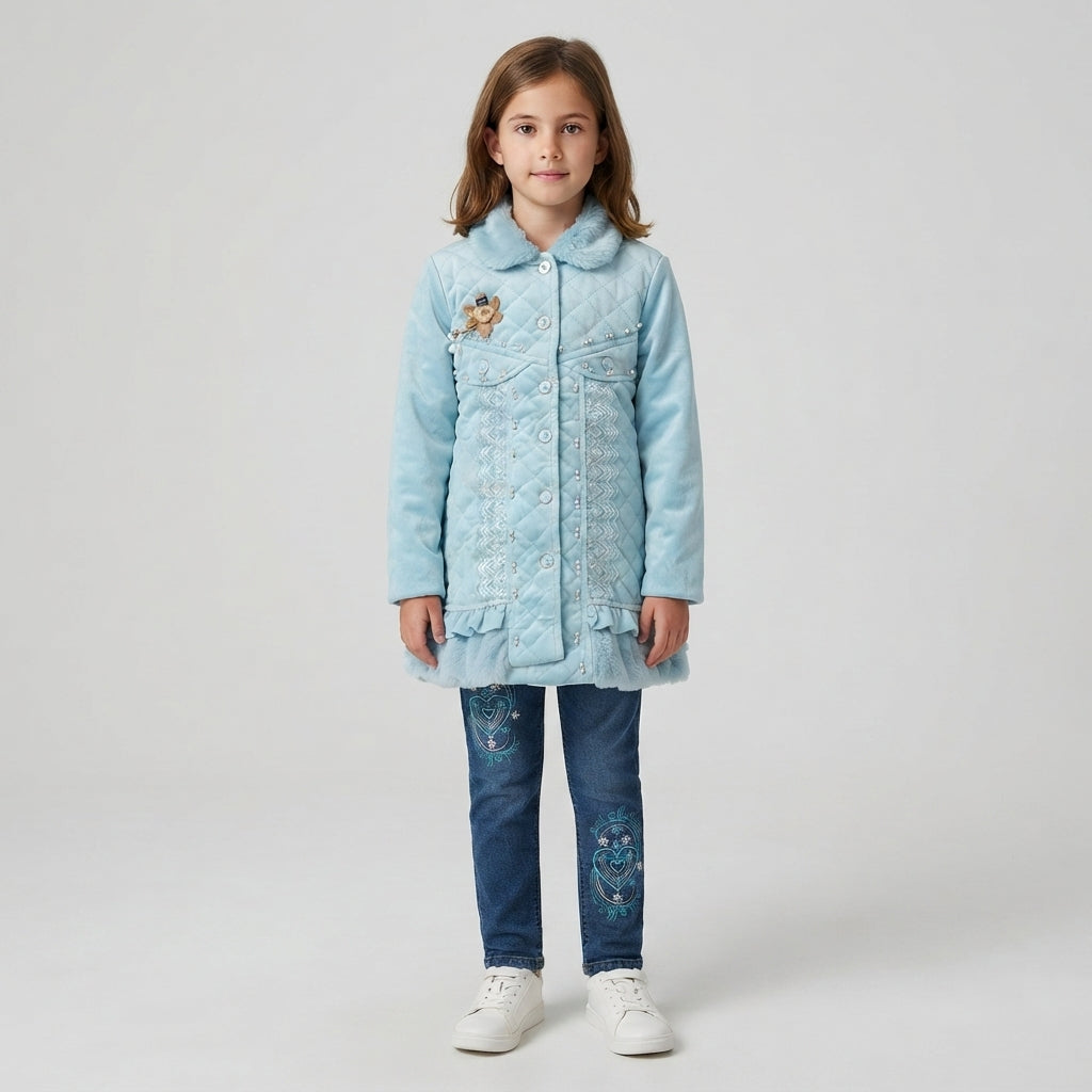 Pastel Blue Quilted Long Coat & Embroidered Heart Denim Jeans Set