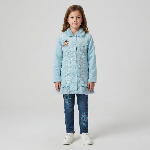 Pastel Blue Quilted Long Coat & Embroidered Heart Denim Jeans Set