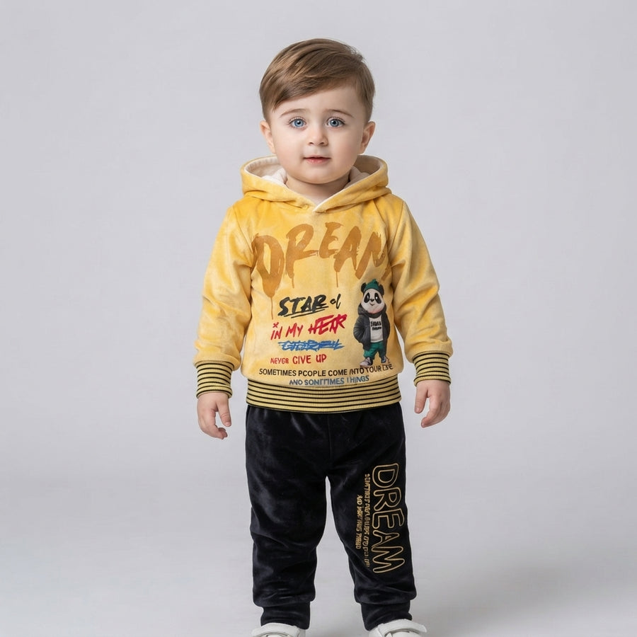 Yellow & Black Hoodie Style 2 Piece Suit for Boys, Kids Winter Outfit, 1–2 Years