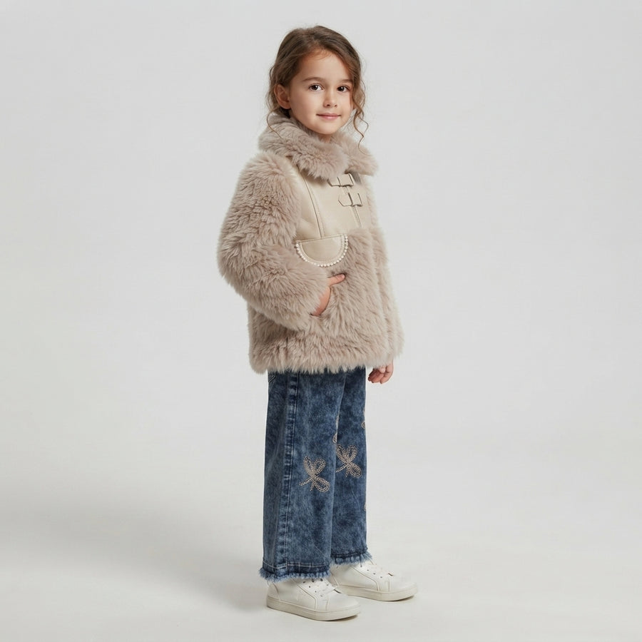 Girls Beige Faux Fur & Floral Denim Set — Photo 2