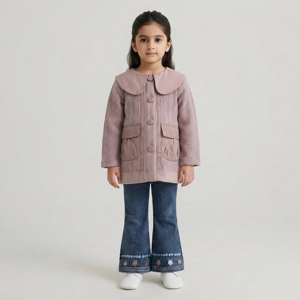 Kids Pink Shimmer Coat &Embroidered Flare Jeans