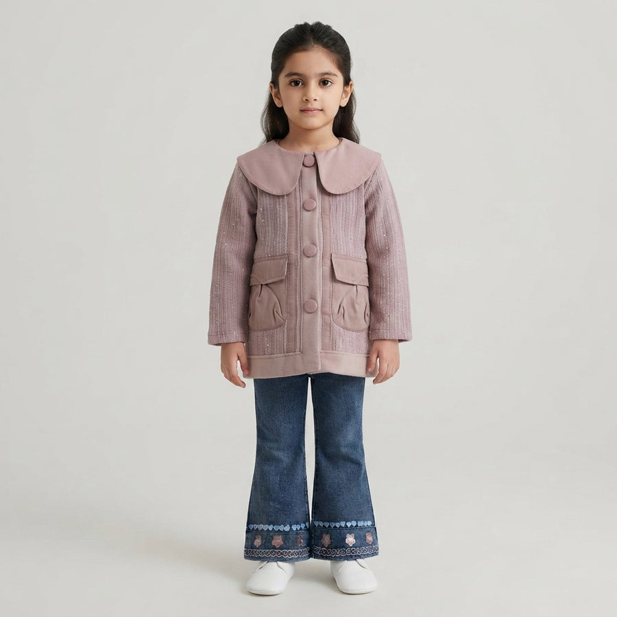 Kids Pink Shimmer Coat &Embroidered Flare Jeans