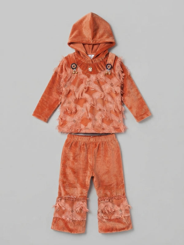 Baby Girl Orange Velvet Fringe-Trimmed Suit — Photo 2