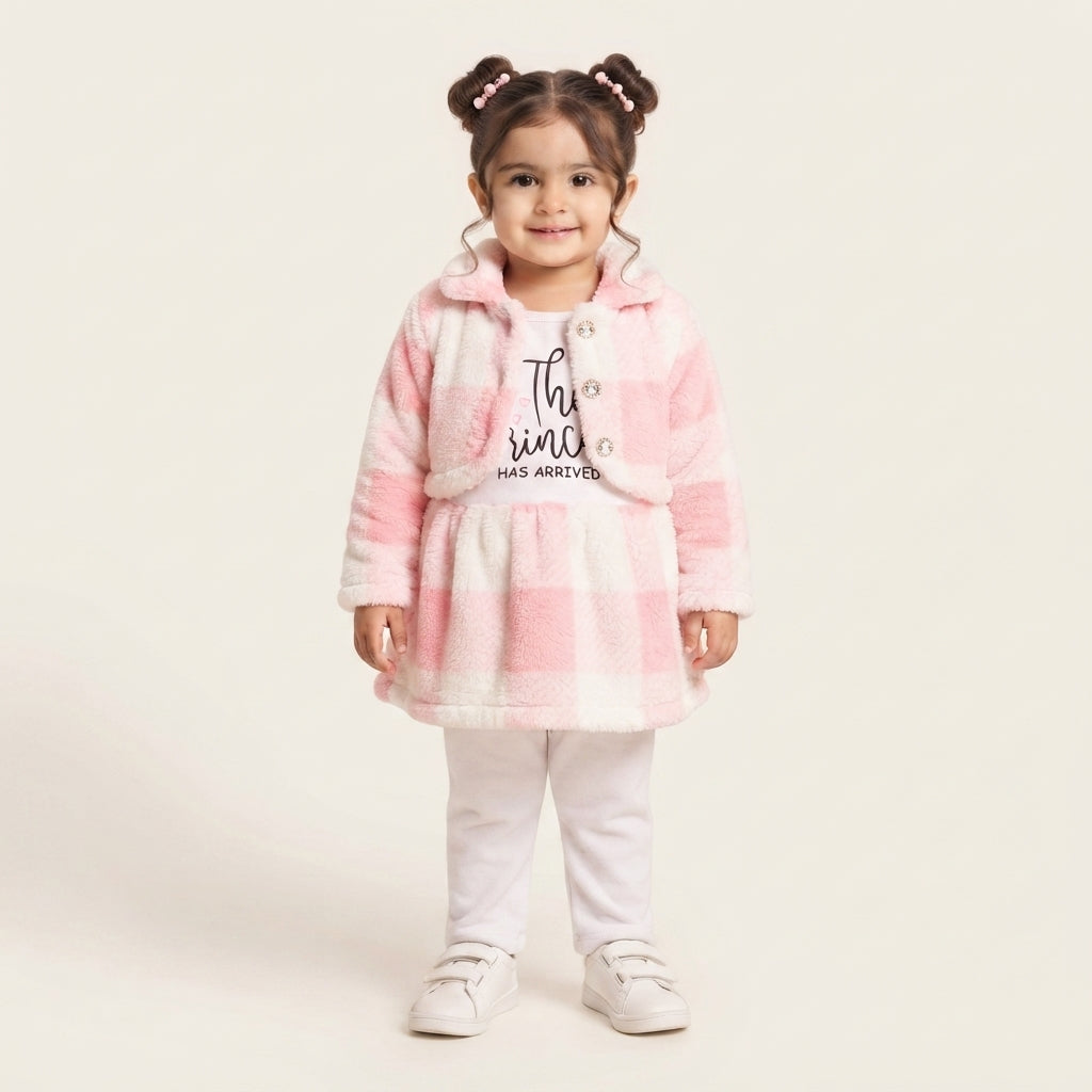 Girls 3 Piece Fur Suit Frock Upper and Trouser Winter Outfit, 2 to 3 Years
