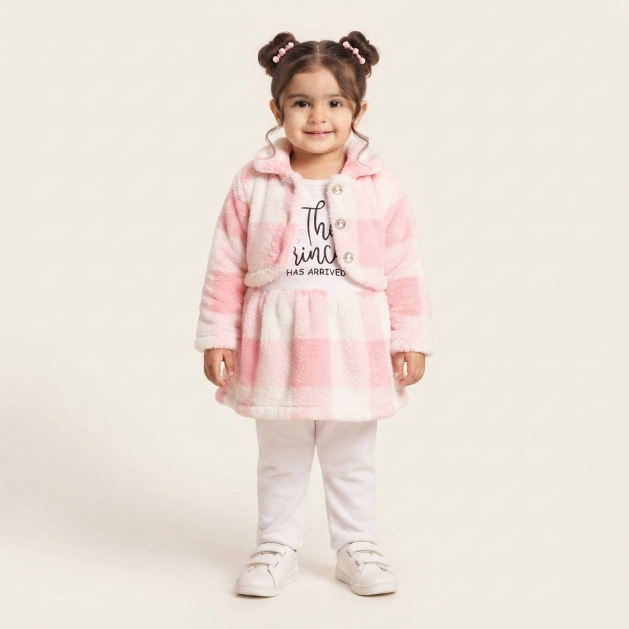 Girls 3 Piece Fur Suit Frock Upper and Trouser Winter Outfit, 2 to 3 Years
