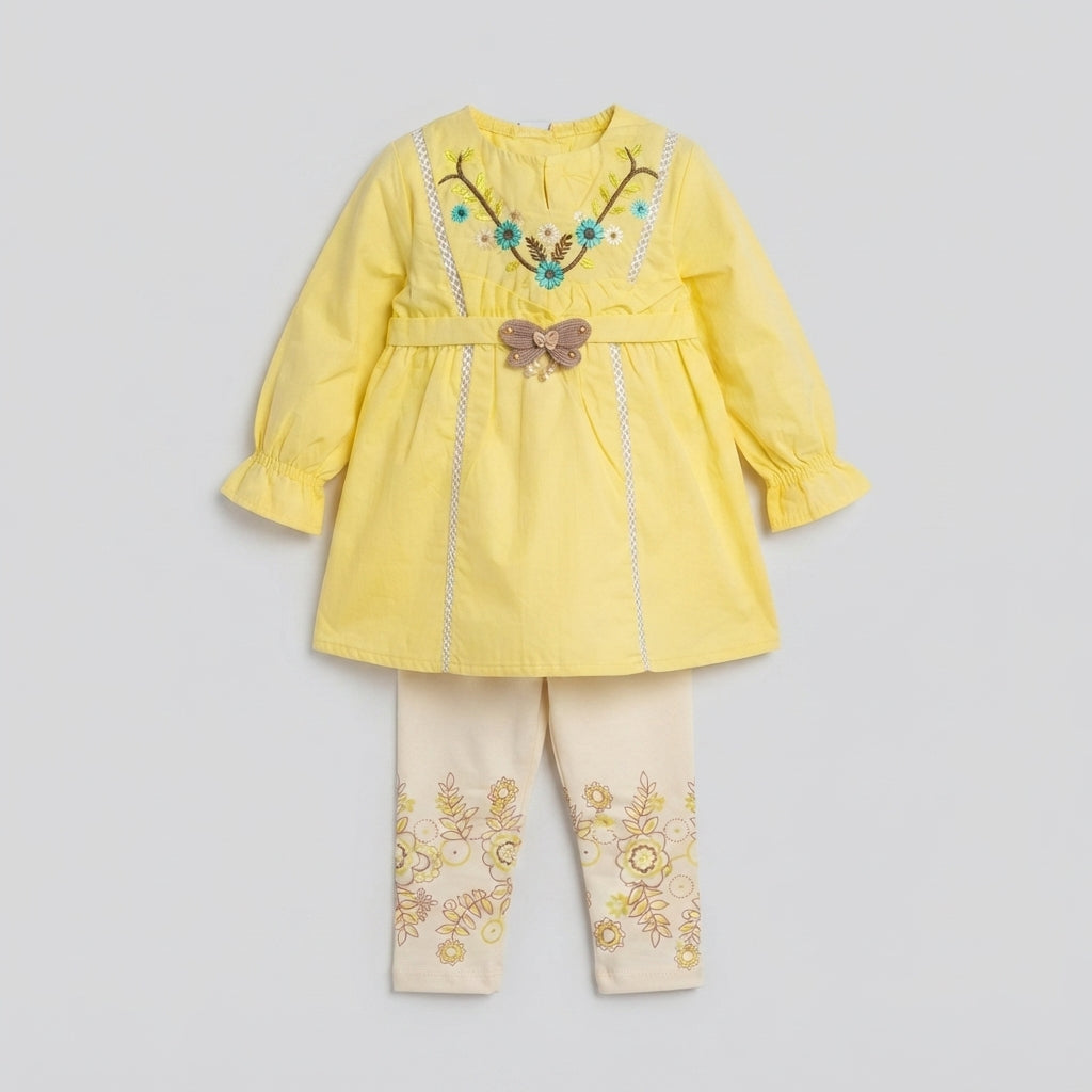 Girls Fleece-Lined Yellow Frock & Printed Trouser Winter Set