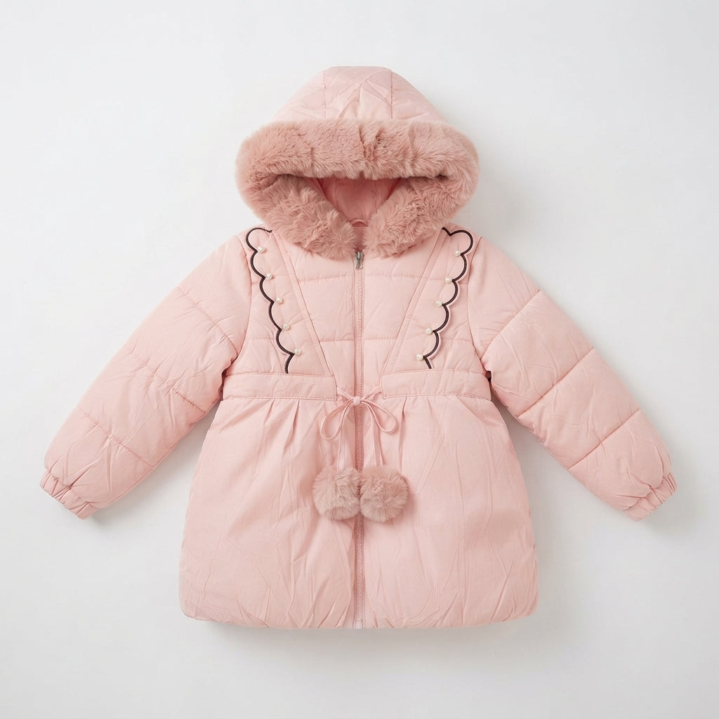 Girls Pink Puffer Coat with Fux Fur Hood — Photo 2
