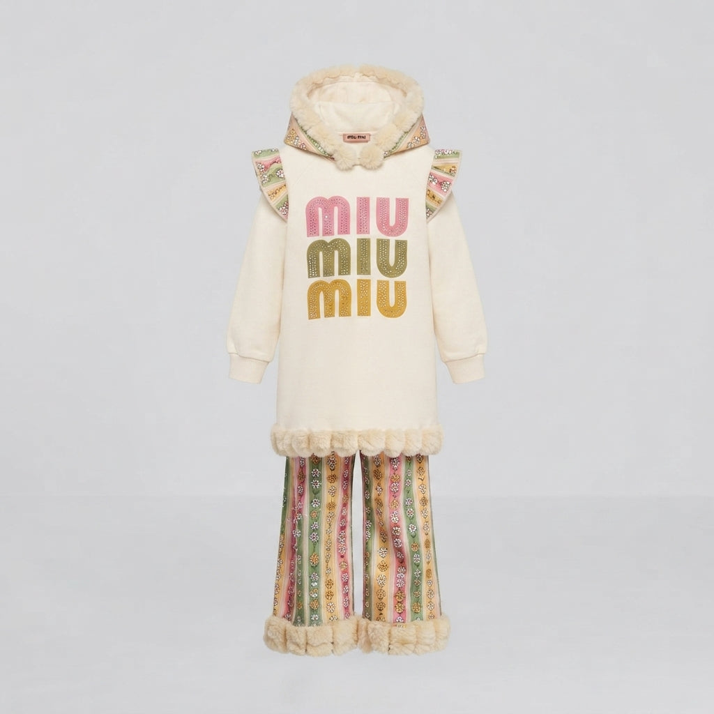 Girls Winter Floral Stripe Set with Faux Fur Trim Hooded Top and Trouser