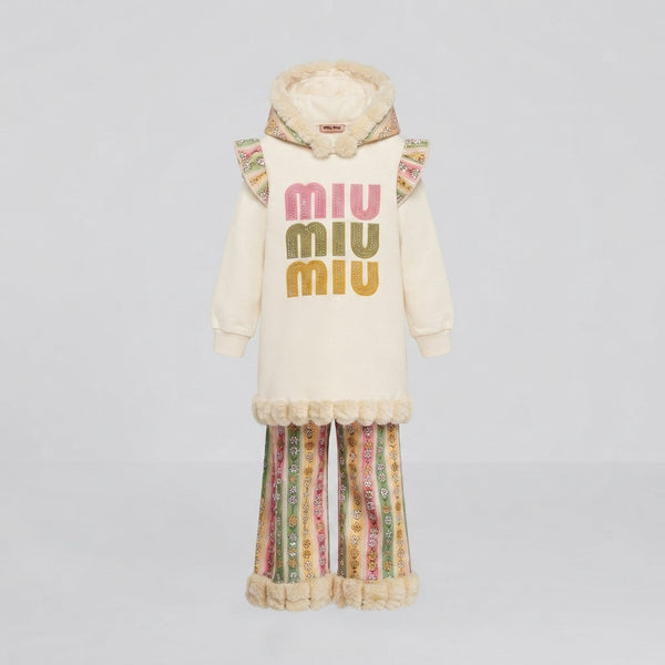 Girls Winter Floral Stripe Set with Faux Fur Trim Hooded Top and Trouser