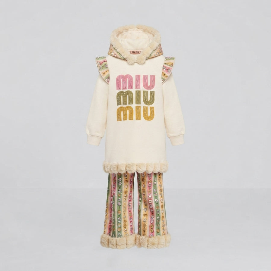 Girls Winter Floral Stripe Set with Faux Fur Trim Hooded Top and Trouser