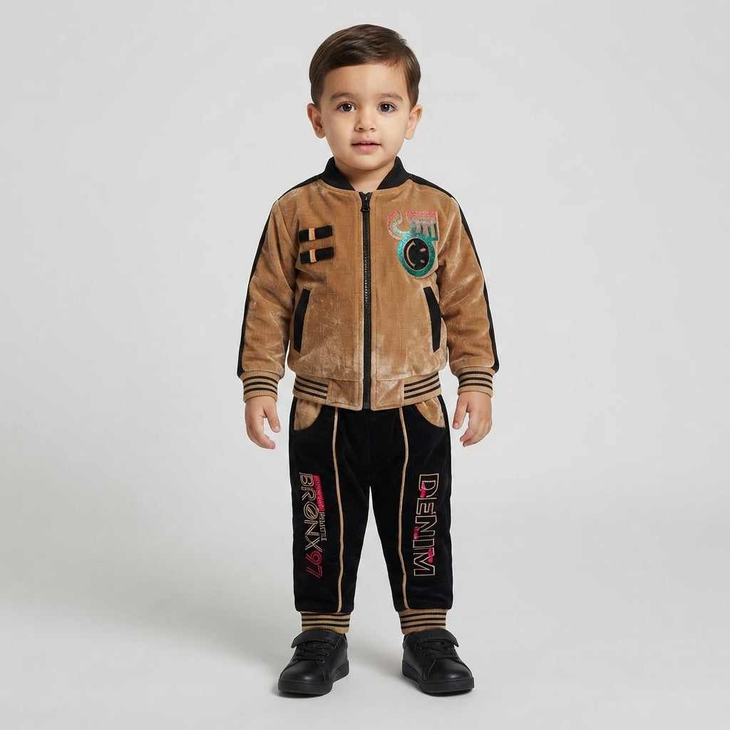 Brown & Black Velvet 2 Piece Suit for Boys | Winter Kids Suit