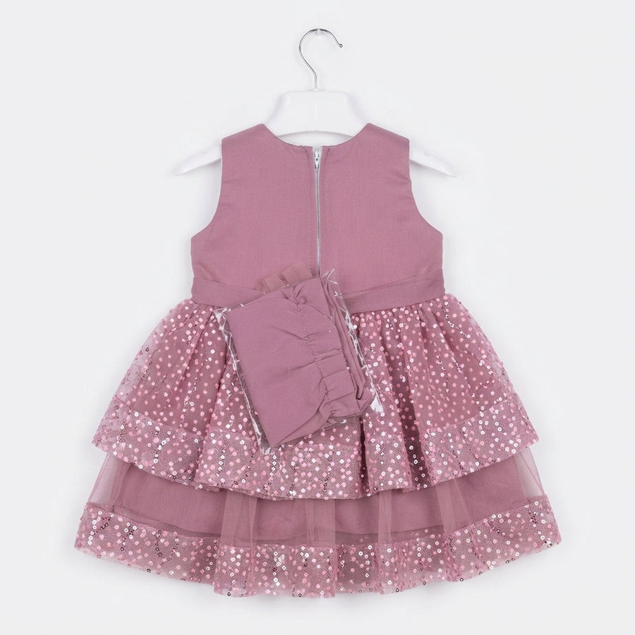 Girls Pink Sequined Ruffled Layered Party Frock