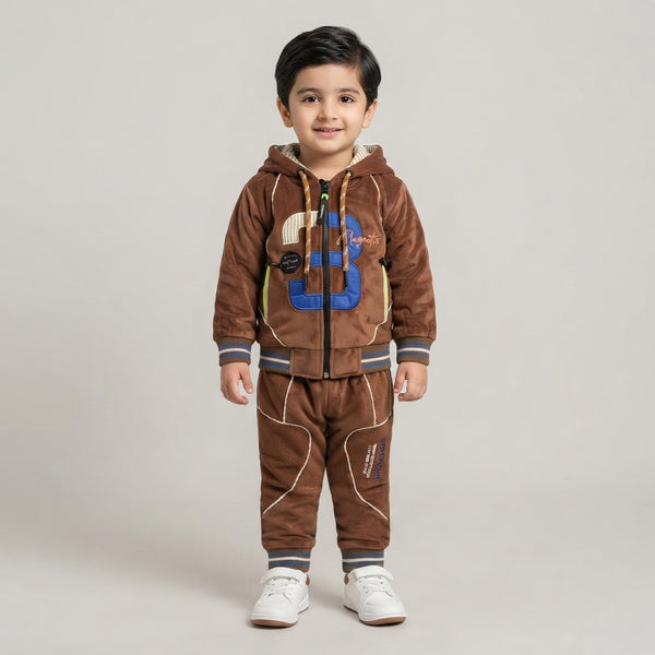Brown Velvet Hooded Tracksuit with Number Graphic