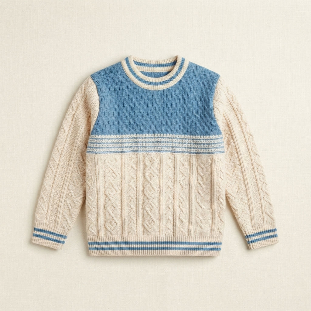 Kids Blue and Cream Cable-Knit Sweater — Photo 2