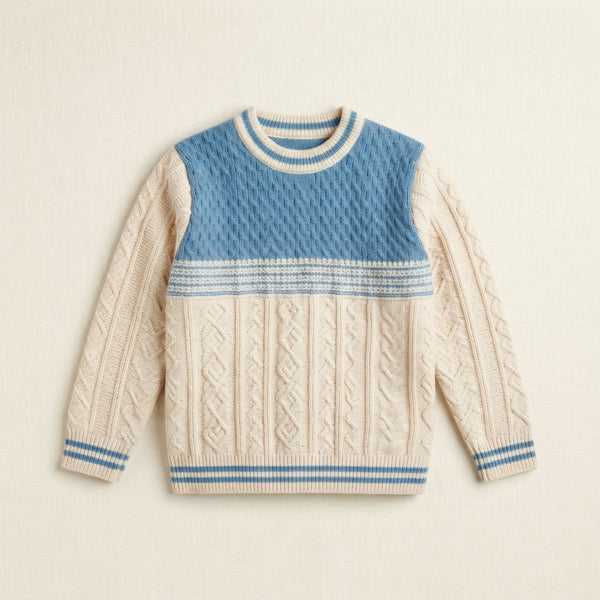 Kids Blue and Cream Cable-Knit Sweater — Photo 2