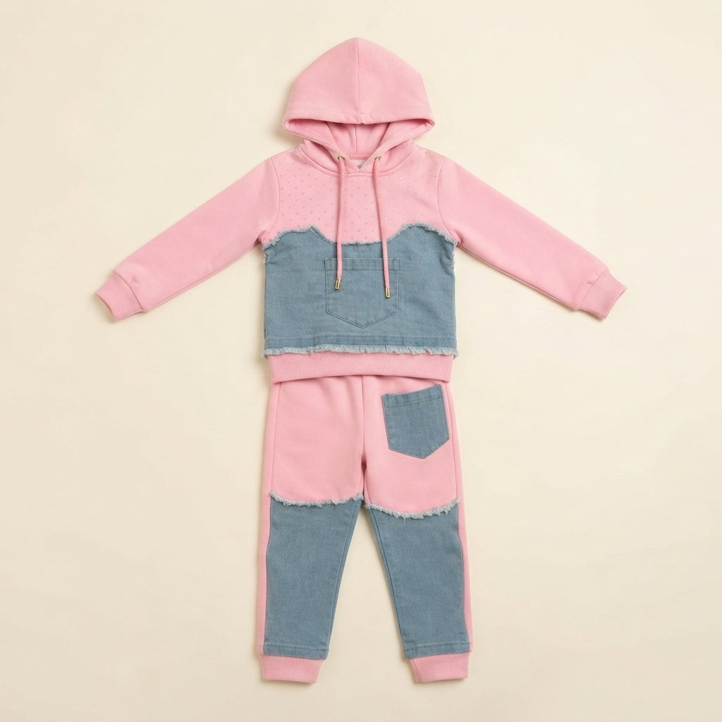 Girls Pink & Denim Patchwork Hoodie Set — Photo 2