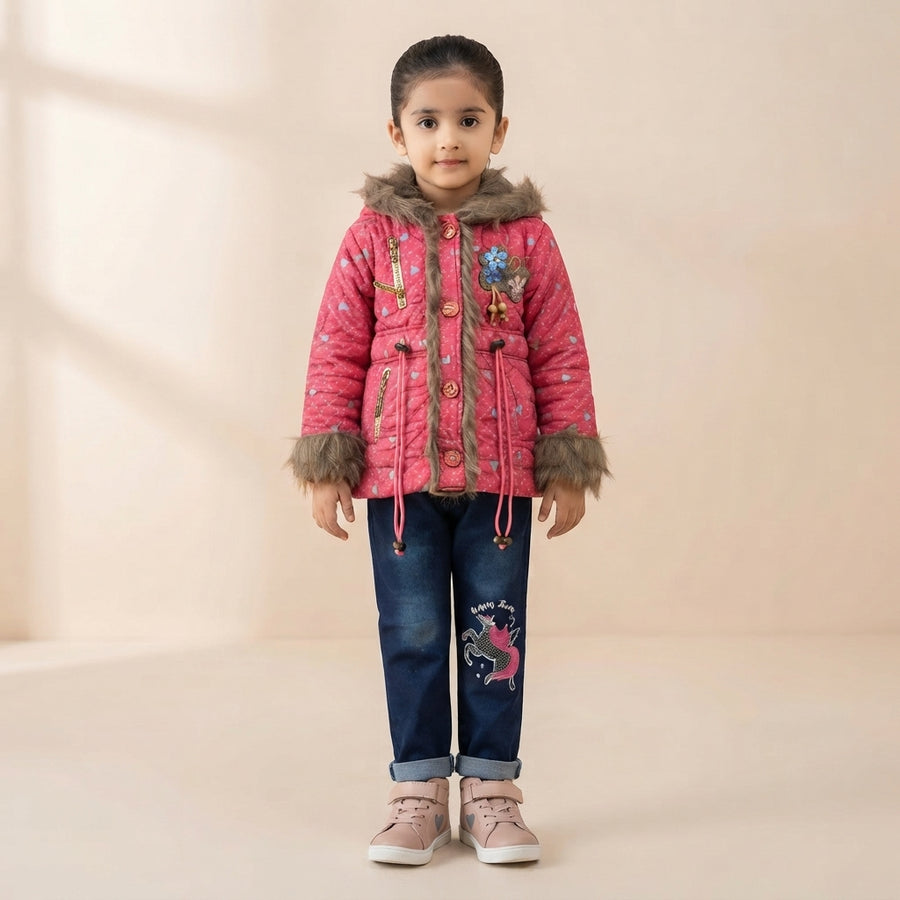 Girls Winter Pink Fur Hooded Jacket & Denim Jeans Outfit