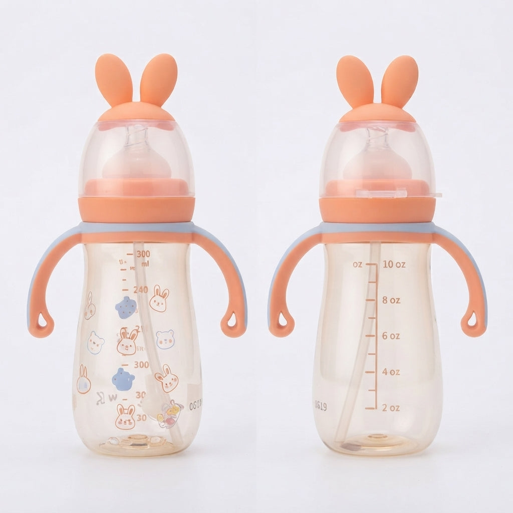 Cute Peach Baby Sipper Medicated Bottle with Bunny Cap & Handles – 300ml