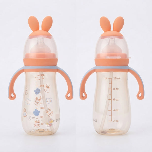 Cute Peach Baby Sipper Medicated Bottle with Bunny Cap & Handles – 300ml