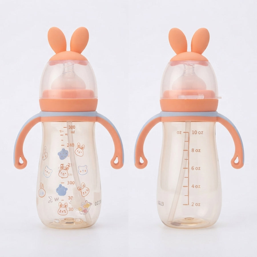 Cute Peach Baby Sipper Medicated Bottle with Bunny Cap & Handles – 300ml