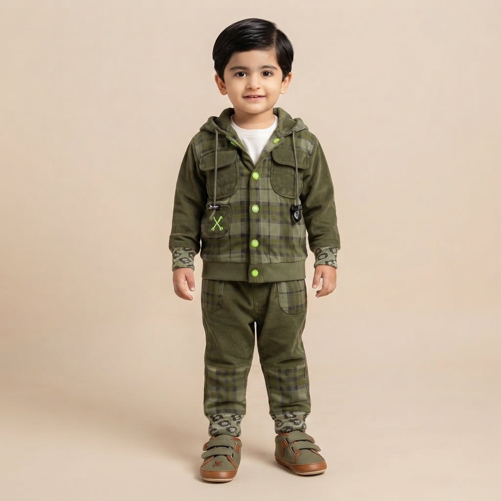 Baby Boy Green Plaid Hooded Jacket & Jogger Set