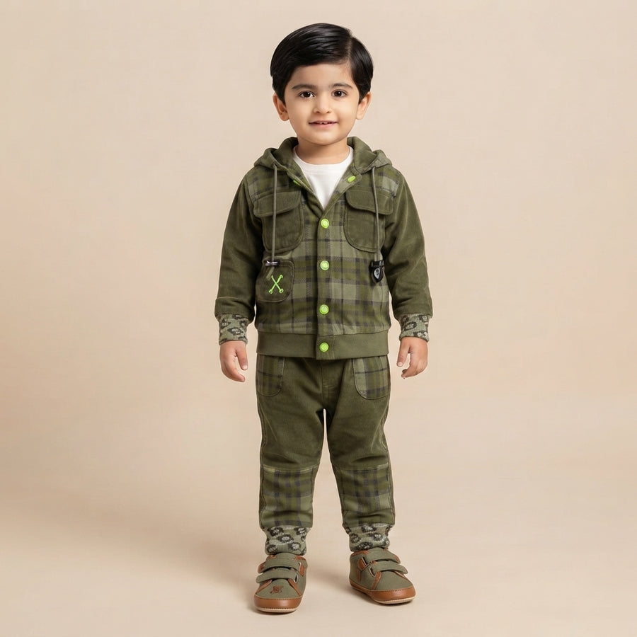 Baby Boy Green Plaid Hooded Jacket & Jogger Set