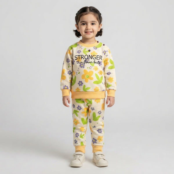 Baby Girl Cream Floral "Stronger" Printed Two-Piece Suit