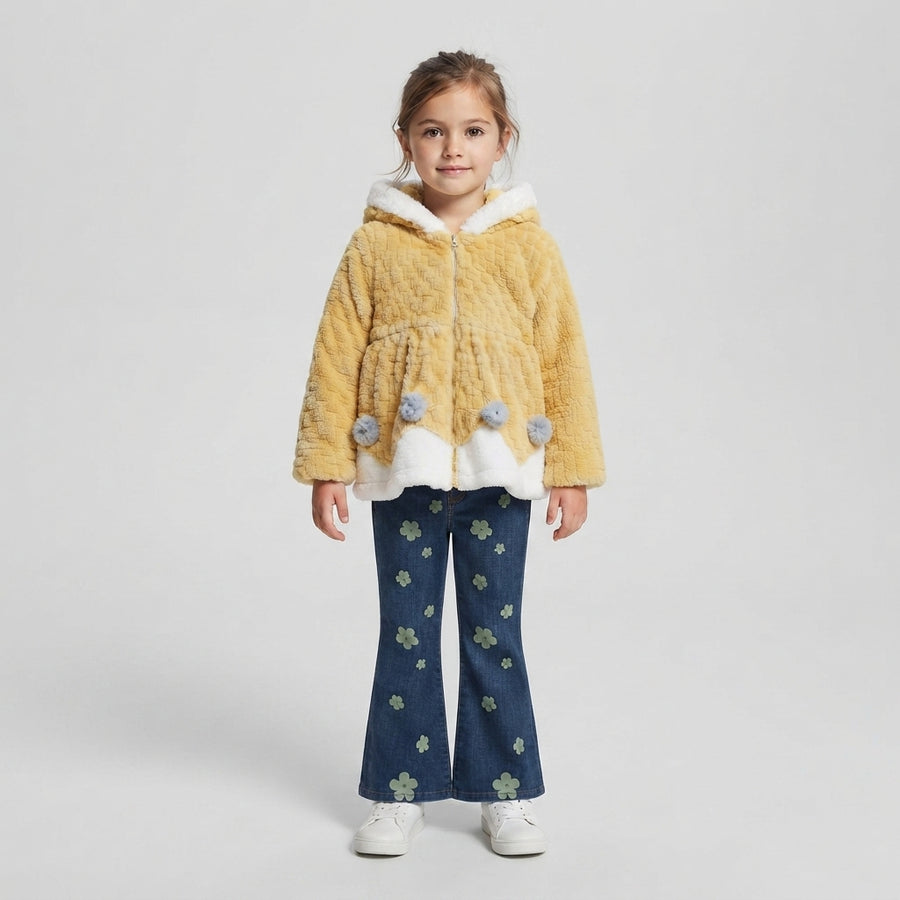Girls Yellow Faux Fur Hooded Jacket and Floral Flare Denim Set