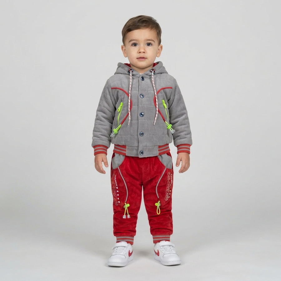 Boys Grey & Red Textured Hoodie with Tracksuit Bottoms | Kids Winter Outfit