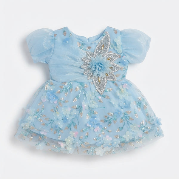 Baby Floral Applique Puffy Sleeve Party Dress