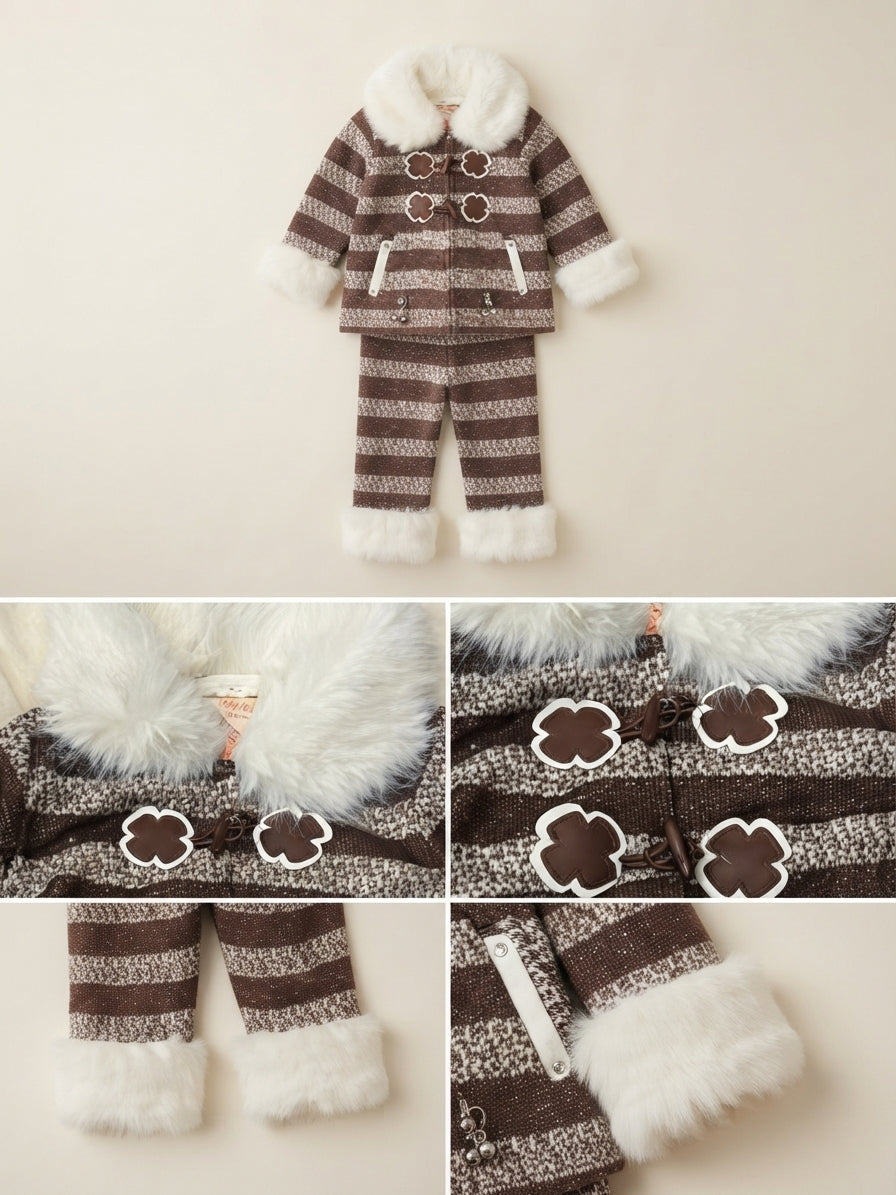 Girls Brown Striped Fur-Trim Coat Set — Photo 2