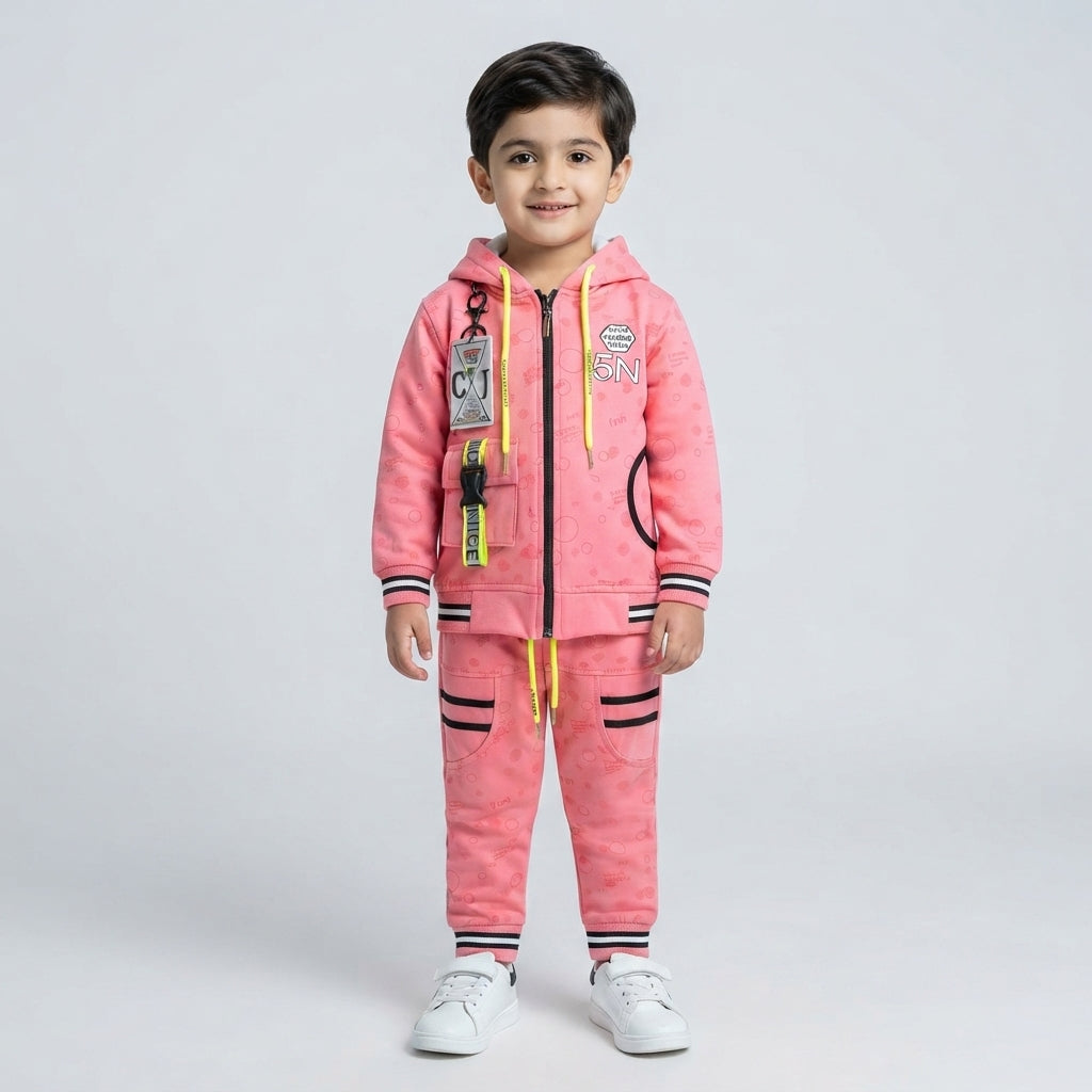Boys Pink "5N" Graphic Zip-Up Hoodie Tracksuit Set | 2–3 Years